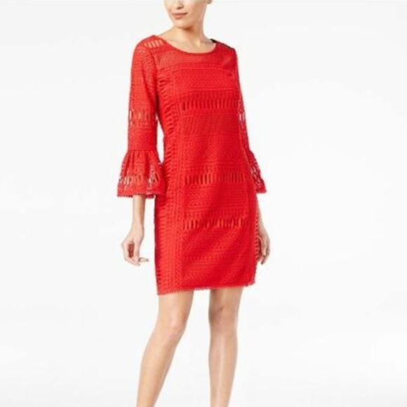 ALFANI CROCHET ILLUSION DRESS RED - Picture 2 of 6